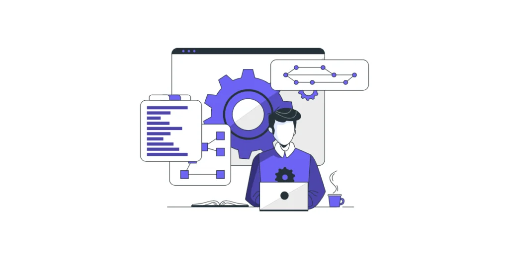 Yapay zeka araçlarıyla çalışan, tasarım süreçlerini veri ve otomasyonla yöneten dijital tasarımcı illüstrasyonu