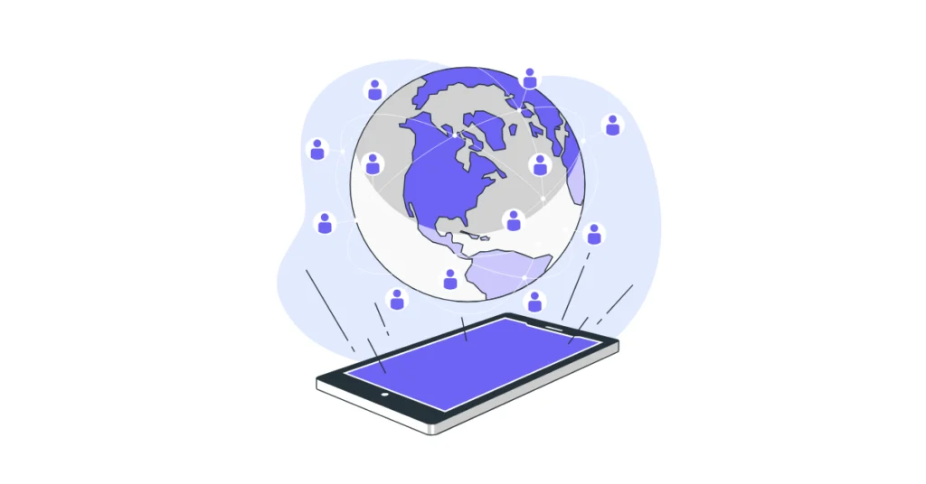 Akıllı telefon üzerinden dünyaya yayılan bağlantıları ve küresel dijital ağı simgeleyen illüstrasyon