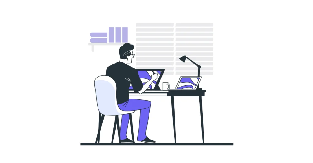 Yapay zekanın tasarım dünyasına etkisini ve dijital araçlarla çalışan tasarım uzmanını gösteren illüstrasyon