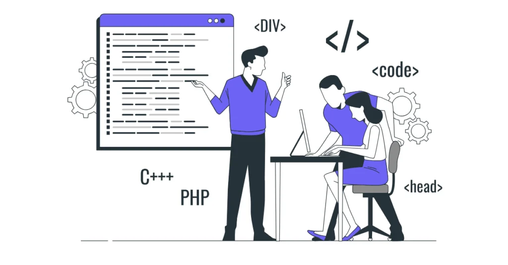 Web tasarımını gerçekten öğrenme sürecini, kodlama ve ekip çalışmasını gösteren web geliştirme illüstrasyonu