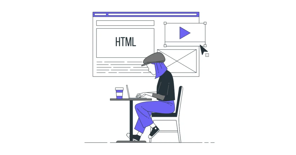 Yeni nesil web tasarımcının HTML, içerik ve kullanıcı deneyimi odaklı çalışma sürecini gösteren illüstrasyon